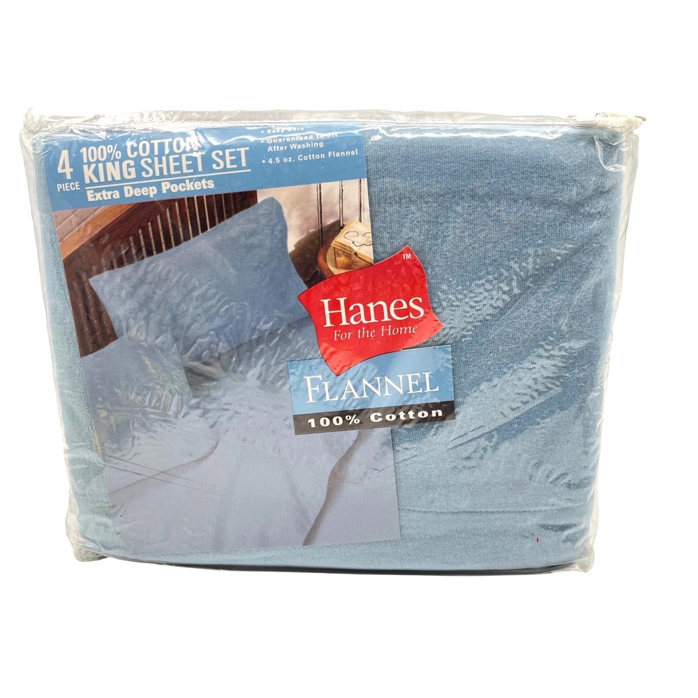 Hanes 2001 King Sheet‎ Set 100% Cotton Flannel Blue Extra Deep Pockets NEW